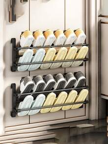 Wall-Mounted Shoe Rack, No Drilling Required, Double-Layer Bathroom/Toilet Shoe Storage Rack With Drainage Function, Space-Saving Folding Design - Black - View 1
