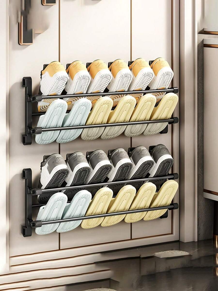 Wall-Mounted Shoe Rack, No Drilling Required, Double-Layer Bathroom/Toilet Shoe Storage Rack With Drainage Function, Space-Saving Folding Design - Black - View 1