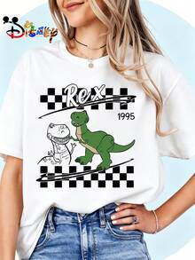 Breathable Cotton Disney Fan Tee | "Rex 1995" Retro Checkerboard & Sketch Art Print | Classic Toy Story Pullover Shirt - 白色 - 查看 1