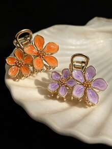 1PC Bridal Hair Accessory Exquisite 5-Petal Flower Oil-Drip Craft Women's Claw Clip Half-Up Braided Updo Hair Ornament Textured Flower Hair Claw All-Season Style Beach Vacay Hair Clips - Multicolor - View 4