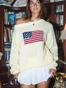 Women American Flag Off Shoulder Knit Sweater, Oversized Star Stripe Long Sleeve Loose Pullover, Patriotic Jumper For 4th Of July Daily Casual Wear - 黃色 - 查看 1