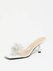 Women's High Heel Sandals Square Toe Rhinestone Decor Transparent Glass Glue Thin High Heel Slip-On Open Toe Fashion High Heel Sandals Women Outdoor Party Elegant Women Summer Sandals Glamorous Popular Banquet High Heels PU Leather Material White High Heels Kitten Heel Elegant Women Sandals Women High Heels High Heel Sandals Women Shoes - White - View 6