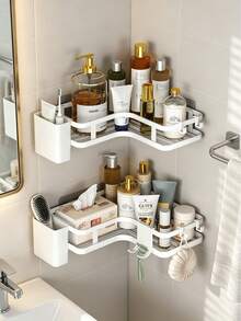 2 piezas Estantería de ducha de esquina sin taladro montada en la pared Organizador de baño con soporte para cepillo de dientes Ganchos Estante de metal antioxidante para almacenamiento de inodoro, cocina, champú, cosméticos y suministros del hogar - 2 años - Ver 11