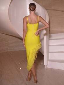 Sexy Spaghetti Strap Deep V Asymmetric Mesh Ruffle Hem Bandage Dress - Yellow - View 3