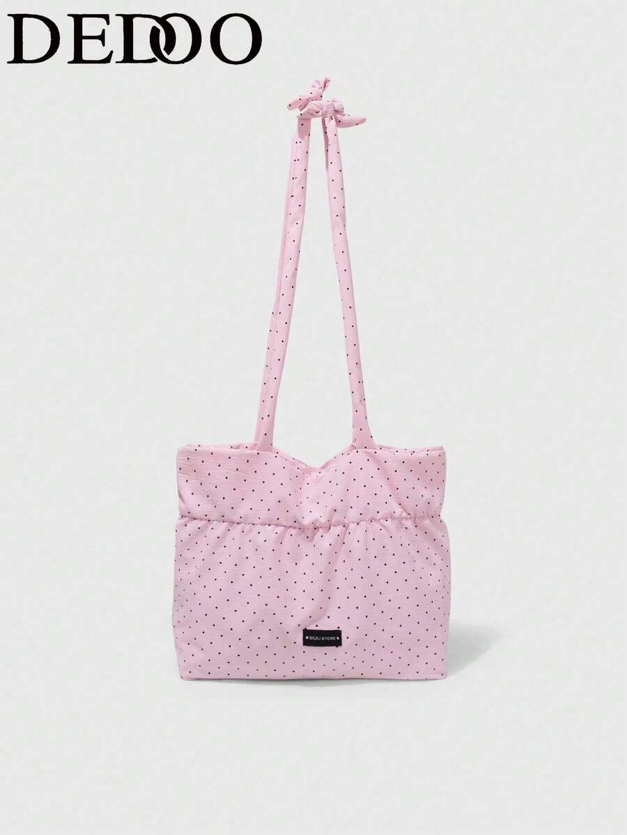 Dedoo Bolso de lona con lunares, bolso de hombro plegable de gran capacidad, adecuado para estudiantes, diseño de cordón con nubes arrugadas, estilo coreano