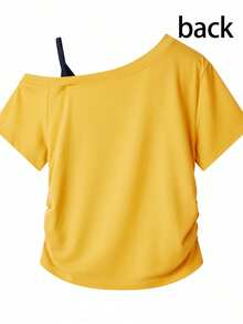 白色單肩不對稱領 California 字母印花短袖 T-shirt 女款夏季修身顯身材性感風上衣 美式休閒 - 黃色 - 查看 3