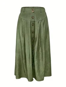Women's Minimalist Solid Color Casual High-Waist Casual Skirt (Front Button Closure) - Olive Green - View 3