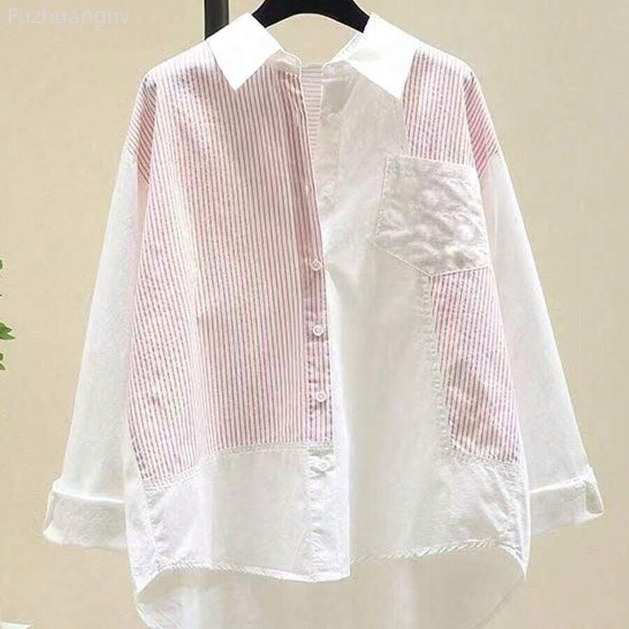 Camisa de mujer con diseño de rayas y parches, blusa casual holgada, nuevo diseño de primavera y otoño en color rojo - Rojo - Ver 1