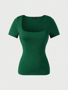 Blusa de manga corta y cuello redondo casual y elegante, adecuada para uso diario, ir al trabajo y salir, primavera/verano blanco - Verde - Ver 6