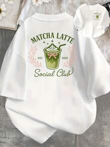 Printed On The Front And Back, Fashionable Short-Sleeved T-Shirt, A Summer Essential, MATCHA LATTE, EST. Women's Casual Long-Sleeved Round Neck Printed Top 2025 - Women's Clothing, Comfortable Fit, Classic Design - 白色 - 查看 2