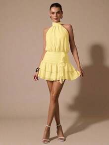Vestido corto sin mangas con volantes en el bajo, de unicolor. Vestido elegante, dulce y lindo, adecuado para citas románticas, fiestas, reuniones formales, vestidos de dama de honor, vestidos de verano, vestidos de té, Año Nuevo, Día de San Valentín, vestido de cumpleaños, vestido rosa - Amarillo - Ver 3