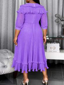Plus Size Women's Lavender V-Neck Summer Chiffon Pleated A-Line Double-Layer Dress With Ruffle Hem, Sheer Puff Sleeves, Elegant Mid-Length Wedding Guest, New Year Party Dress - Purple - View 2