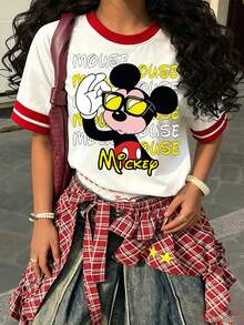 Cool Disney Mickey Mouse Graphic Tee, Ladies White & Red Contrast Trim Casual Summer T-Shirt - White - View 2