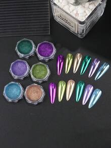 6盒美甲粉，6色全息效果金屬粉亮面美甲色粉，魔鏡效果擦粉美甲藝術粉套組，適用於美甲設計裝飾 - 彩色 - 查看 9