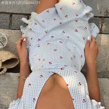MewMuse.  Vestido corto con cuello en V, volantes y estampado de cerezas para mujer - Albaricoque - Ver 6