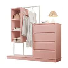Chest Of Drawers, Wardrobe Set, White Wardrobe, Sideboard, Clothes Rail, Dimensions: W140/W40/H135 - Pink - View 10