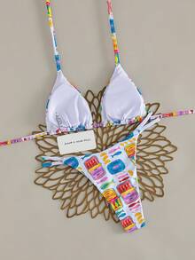 2 Stücke Frauen Fisch- und Zitronen-Muster Bikini Set, Träger-Top mit Doppel-Träger-Hose, Sommer Strand Urlaub Bademode - Verschiedenfarbig - View 2