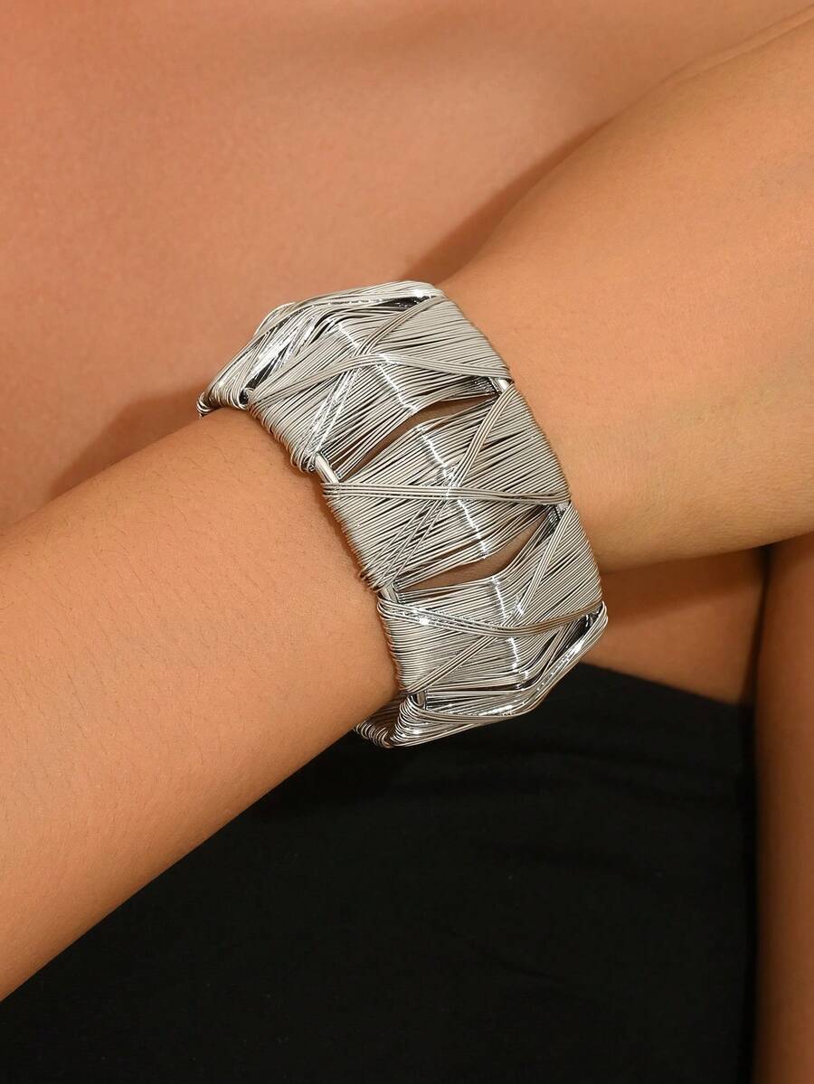 1 buah Gelang Manset Terbuka Elegan Minimalis Logam untuk Wanita - Perak-B1472 - View 1