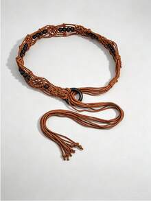 Hollow Out Waist Belt, Rhombus Bohemian Pattern, Polyester Fabric, Suitable For All Seasons - Camel - View 4