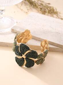1 pieza Brazalete de flor de rafia estilo vacaciones, pulsera con soporte de flor de metal de color contrastante, accesorio de nicho para vacaciones en la playa, fiesta de verano, reunión con amigos, uso diario, estilo retro - Verde oliva - Ver 9