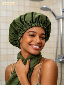 CONFLASS Double Layer Solid Color Waterproof Shower Cap, Satin Lined Bath Cap, Reusable Bath & SPA Hair Care Cap - Multicolor - View 5