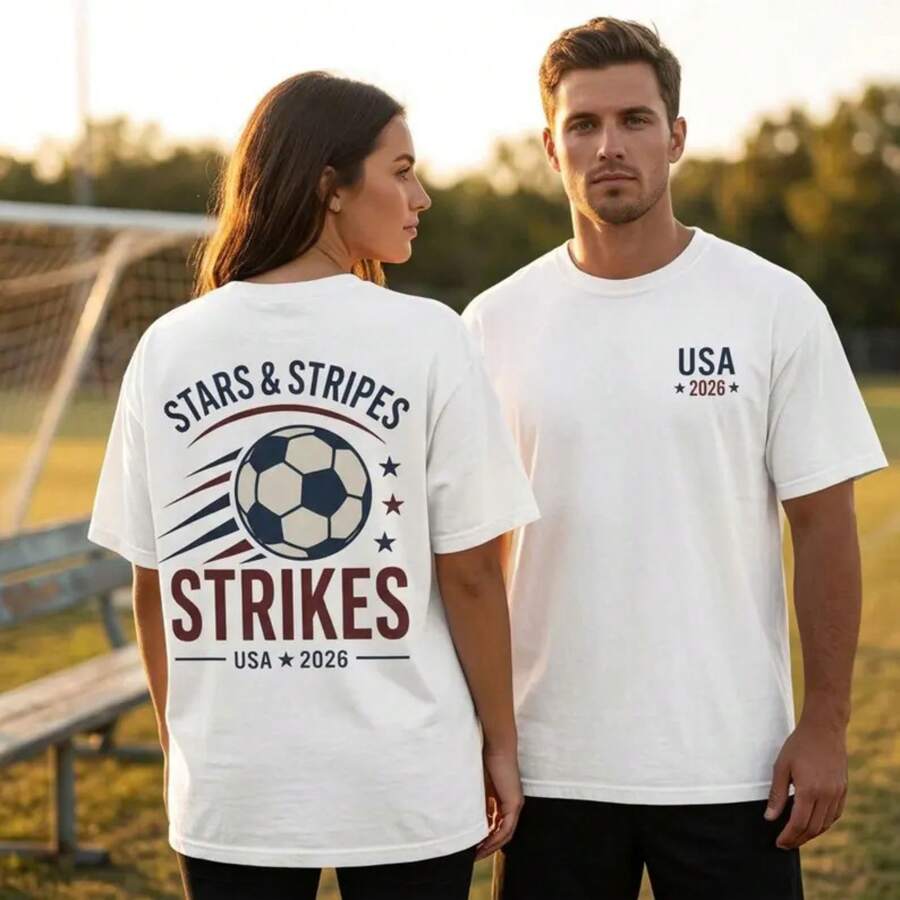 2026 World Cup USA Soccer Shirt, Stars And Stripes Strikes Retro Graphic Tee,  USMNT Fan Gear, Unisex Soccer Watch Party Unisex T-Shirts For Summer Outings - 白色 - 查看 1