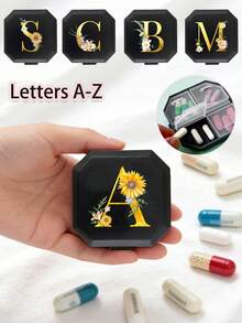 雛菊金色字母 A-Z 圖案便攜藥盒，6格藥物收納盒，旅行藥盒，迷你藥盒（不含 Q/Ux），6格藥物整理盒，旅行防潮藥物與維生素分裝盒，旅行居家露營戶外徒步狩獵藥盒，藥物容器，醫療急救包，旅行配件，宿舍必需品，母親節禮物，教師節禮物，假期旅行必需品 - 彩色 - 查看 5