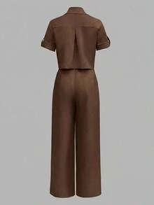 ANCHOSE Conjunto de camisa de mujer de verano con cuello vuelto, botones y mangas con puños + pantalones de cintura alta, elástica y pierna ancha, conjunto de vestimenta casual minimalista y elegante para ir al trabajo - Café integral - Ver 3