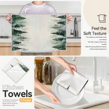 2pcs Watercolor Pine Forest Printed Kitchen Towels, 100% Polyester Kitchen Cleaning Cloths, Suitable For Restaurant, Kitchen And Home Decor; Quick-Drying, Lightweight, Fade-Resistant, Low-Shedding, Anti-Mildew, High Color Fastness, Size 40*60cm - Multicolor - View 7