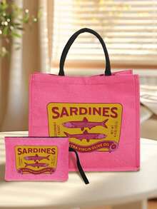 "SARDINES" Sardine Pattern Large Capacity Tote Bag, Comes With Cosmetic Bag, Lightweight Cosmetic Storage Organizer, Travel Essential Coin Purse, Tote Bag And Cosmetic Bag Set, Suitable For Weddings, Birthdays, Beach And Holidays, Perfect Gift For Family And Friends. - Multicolor - View 5