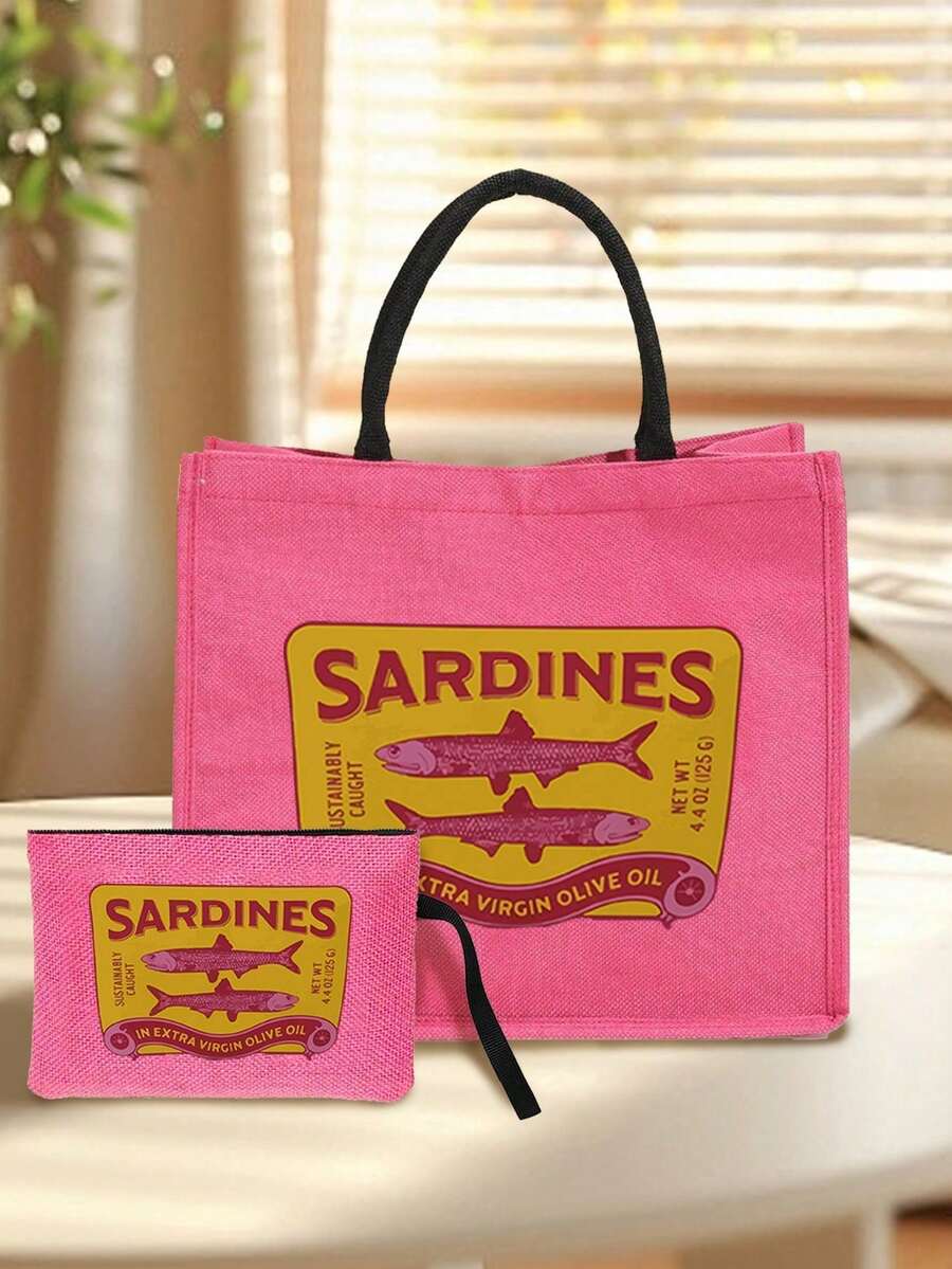 「SARDINES」沙丁魚圖案大容量托特包,附化妝包,輕量化妝收納整理袋,旅行必備零錢包,托特包與化妝包套組,適合婚禮、生日、海灘與假期,送給家人與朋友的完美禮物 - 彩色 - 查看 1