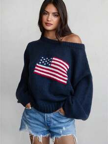 Women American Flag Off Shoulder Knit Sweater, Oversized Star Stripe Long Sleeve Loose Pullover, Patriotic Jumper For 4th Of July Daily Casual Wear - 藏蓝色 - 查看 1