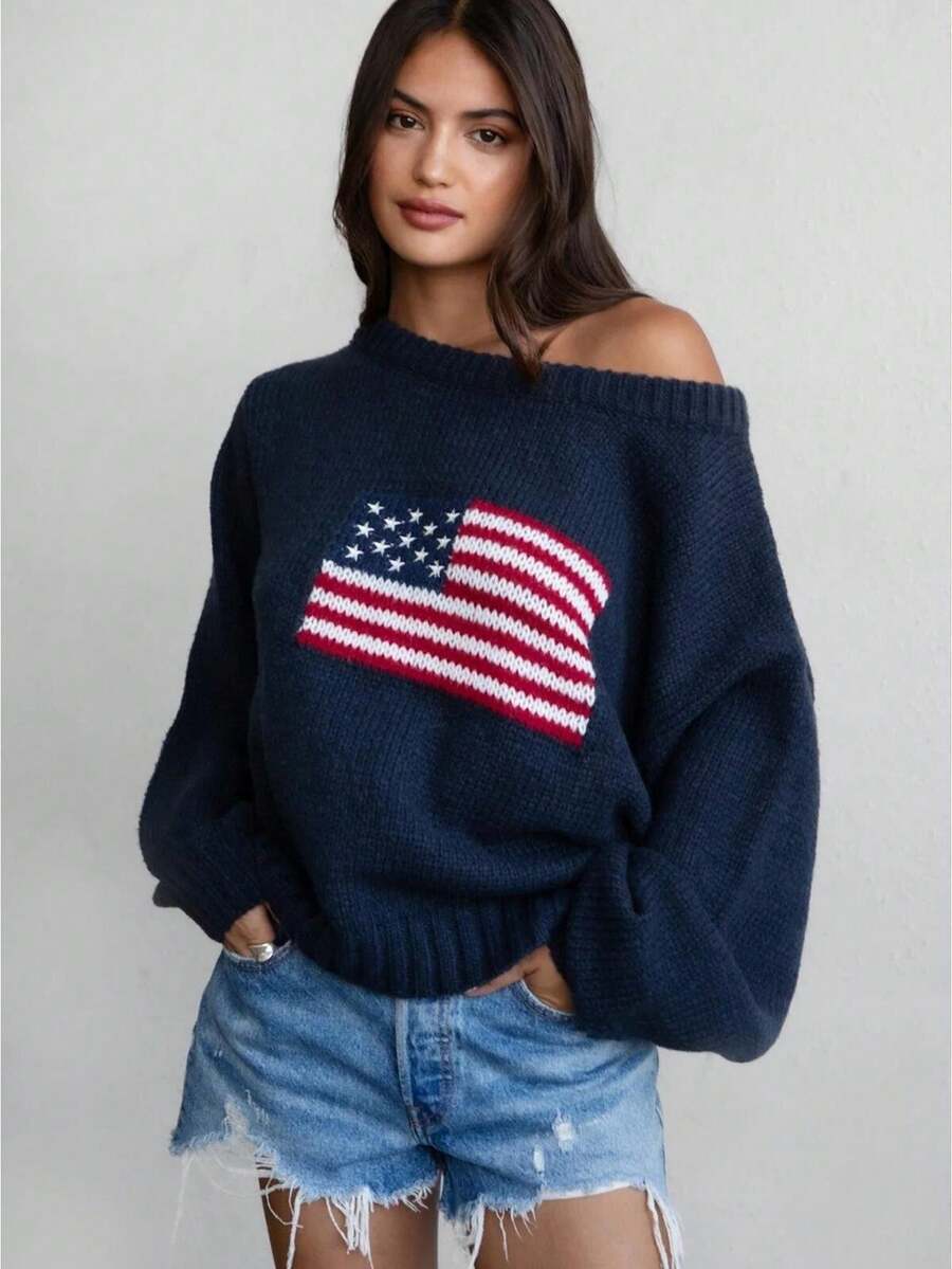 Women American Flag Off Shoulder Knit Sweater, Oversized Star Stripe Long Sleeve Loose Pullover, Patriotic Jumper For 4th Of July Daily Casual Wear - 藏蓝色 - 查看 1