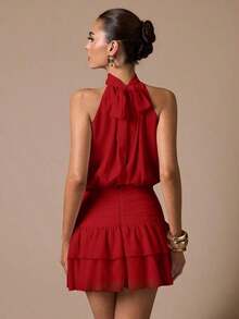 Vestido corto sin mangas con volantes en el bajo, de unicolor. Vestido elegante, dulce y lindo, adecuado para citas románticas, fiestas, reuniones formales, vestidos de dama de honor, vestidos de verano, vestidos de té, Año Nuevo, Día de San Valentín, vestido de cumpleaños, vestido rosa - Rojo - Ver 2