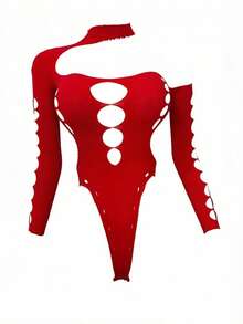 Conjunto de Lingerie/Fantasia de Role Play, Camisete, Macacão de Rede, Macacão de Lingerie de Rede Elástica, Maiô Bikini para Mulheres e Meninas - Vermelho - Visão 6