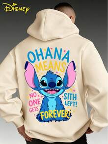 Disney Lilo & Stitch "Ohana Means Forever" Hoodie, Casual Loose Pullover Sweatshirt, Streetwear Style Top, Ideal For Daily Outfits - 杏色 - 查看 2