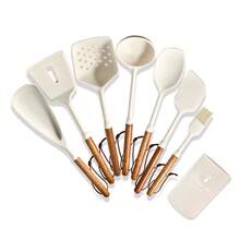 Meoky 7 Piezas Juego de Accesorios de Cocina Utensilios de Cocina Batería de Cocina Juego de Utensilios de Silicona con Mangos de Madera Natural, 7 Piezas en 1 Juego de Utensilios de Cocina con Mango de Madera Antiadherente, Accesorios de Cocina Juego de Herramientas - Blanco - Ver 9