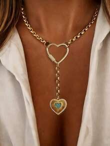 1pc Gold Heart Necklace With Full Rhinestone Round Pendant And Stainless Steel Chain, Elegant Holiday Party Gift For Women - Yellow Gold - View 2