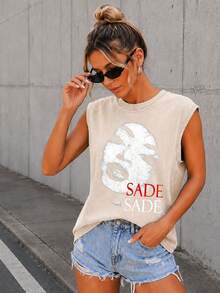Vintage Men's Tank Top - Sade Graphic Print And Text - Perfect For Autumn/Winter Layering - Ideal Halloween/Christmas Gift Choice - 杏色 - 查看 10