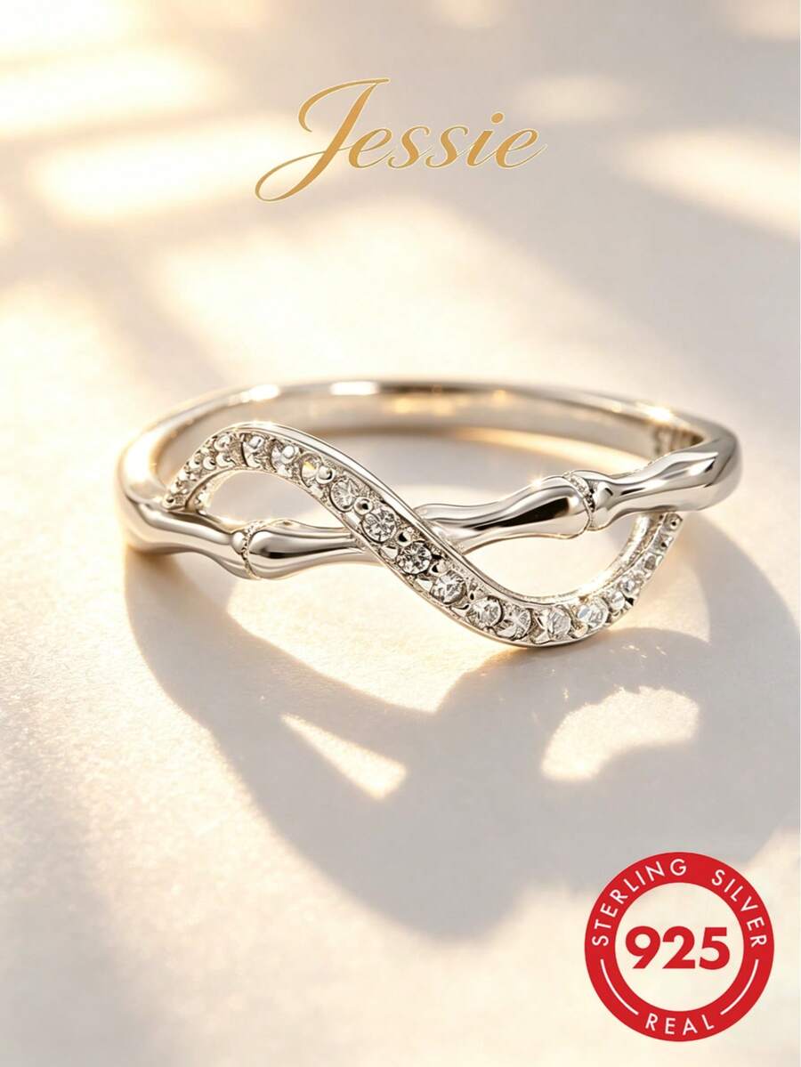 1 pieza Anillo de plata de ley 925 con diseño de nudo de bambú y circonita, elegante y chic, adecuado para uso diario, citas, fiestas, realza la elegancia, gran regalo - Plateado - Ver 1