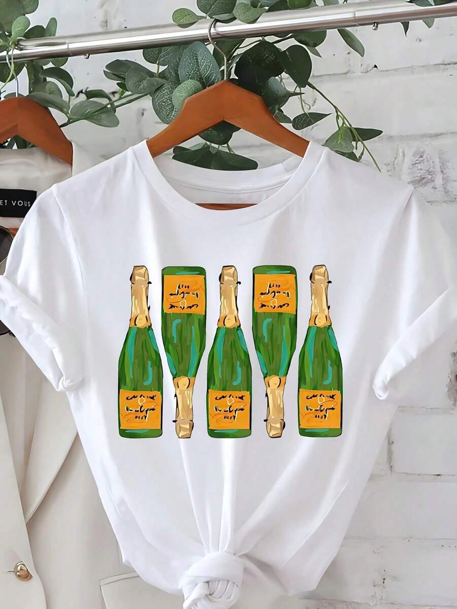 Women's Lightweight And Modern Cotton Summer Clothes, Champagne Bottle Print T-Shirt For Celebrations, Elegant Women's Clothing, Style: Round Neck, Short Sleeves, Loose Fit, For You/My Family/Lover/Friends, Essential Cotton T-Shirt For Daily Wear. - 白色 - 查看 1