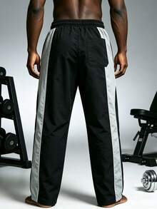 1pc Regular Length Quick Dry Adjustable Cuff Side Stripe Black Grey Woven Wrinkle Resistant Outdoor Sports Trousers - Black - View 5