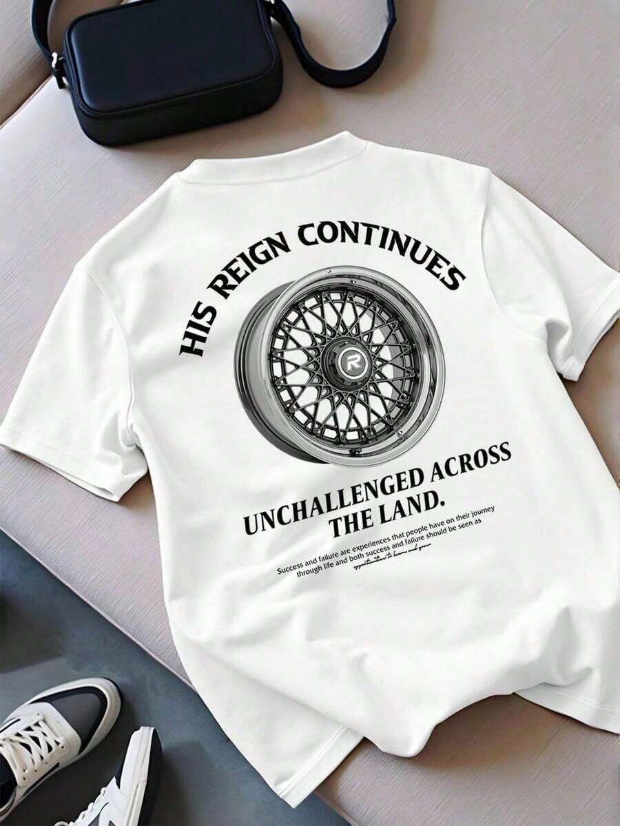 Women's Racing T-Shirts, English Typography Print With Sports Car Rim, Regular Fit Short Sleeve T-Shirt, Casual Graphic Tee, Streetwear, Summer Top, Free Shipping - 白色 - 查看 1