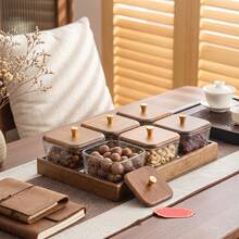 1pc Retro Walnut Wood Lid Square Glass Snack Tray, Divided Compartments For Candies, Nuts, Tea Snacks, Suitable For Home, Office, Gatherings - Transparent + Brown - View 1