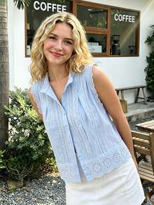 Womens Button Down Tank Tops Trendy Sleeveless Round Neck Lace Trim Solid Color Tops Eyelet Shirts - Celeste - Ver 4
