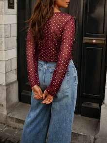 Women's New Polka Dot Sheer Mesh Long Sleeve Crop Top Casual Vacation - Red - View 2