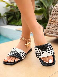 Women's Flat Slip-On Sandals, Open Toe Casual Beach Slippers, New Korean Style Square Toe Black Summer Slides - Black and White - View 4