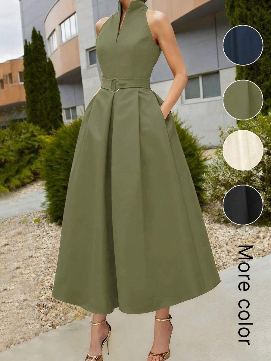 Elegant Women's Dress With A Tie Waist And A-Line Silhouette, New Spring/Summer And Fall/Summer Styles, Sleeveless With A V-Neck, Suitable For The Office Or Everyday Wear In Black. - 軍綠色 - 查看 1