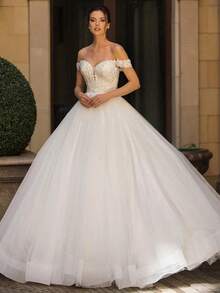 Elegant Sexy Off Shoulder Lace Appliqué A Line Wedding Dress,Registry Office Dresses Bridal Gown,Evening Party Dress Birthday Party Dress Country Wedding,Romantic Church Ceremony Wedding Dress,Suitable For Wedding,Dating,Party,Singles' Party,Vacation,Formal Occasions,Dinner Dress,Prom Dress,Homecoming Dess,Cocktail Party,Wedding Guest Dress,Graduation - 白色 - 查看 4