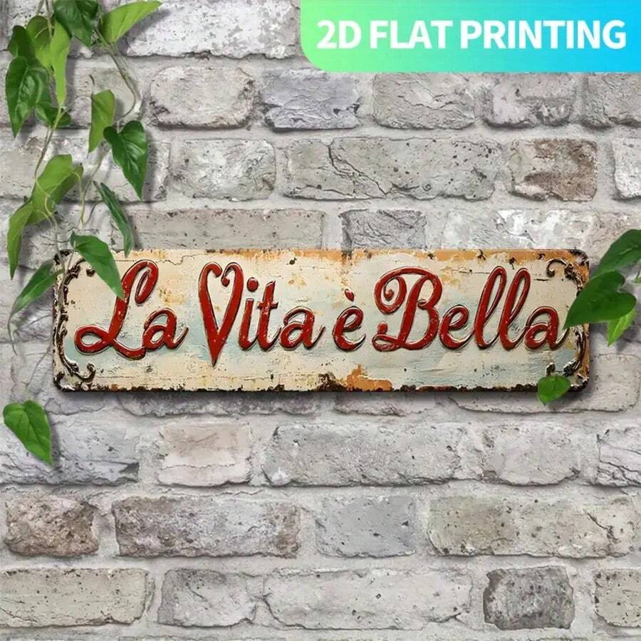 2D平面 - 2D平面,復古義大利金屬裝飾「La Vita È Bella」 - 紅色與米色復古農舍標誌,附預鑽孔,大字母易於懸掛,適用於廚房、門廊、客廳 - 義大利語短語禮物,適合喬遷、婚禮、週年紀念 (款式隨機) - A - 查看 1